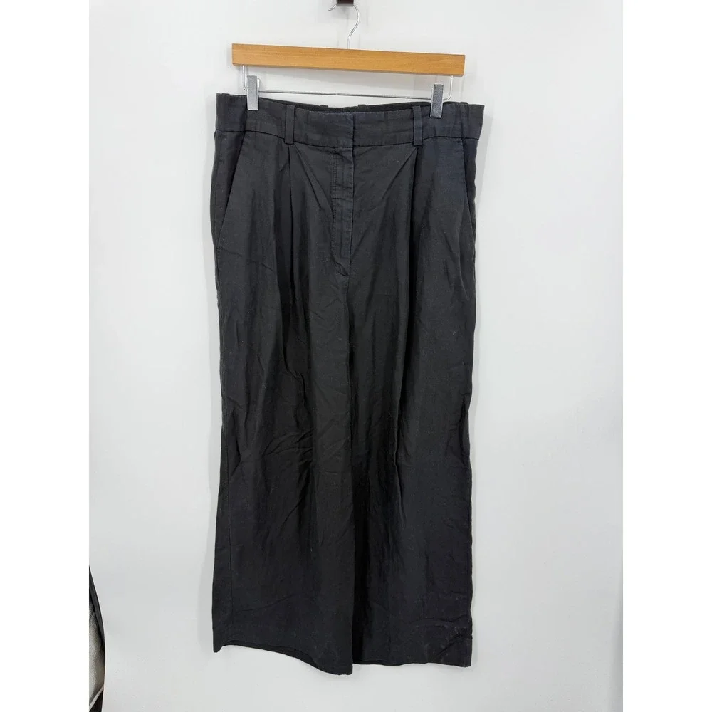 COS Pleated Wide Leg Trousers Women sz 14 Black Linen Blend Minimalist 09928427
